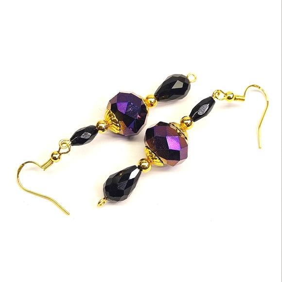 Handmade Purple and Black Faceted Glass Beaded Earrings - Picture 5 of 6